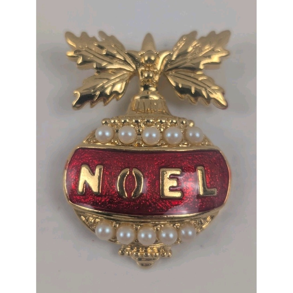 Vintage Christmas Ball Ornament Pendant Red Enamel Pearl NOEL